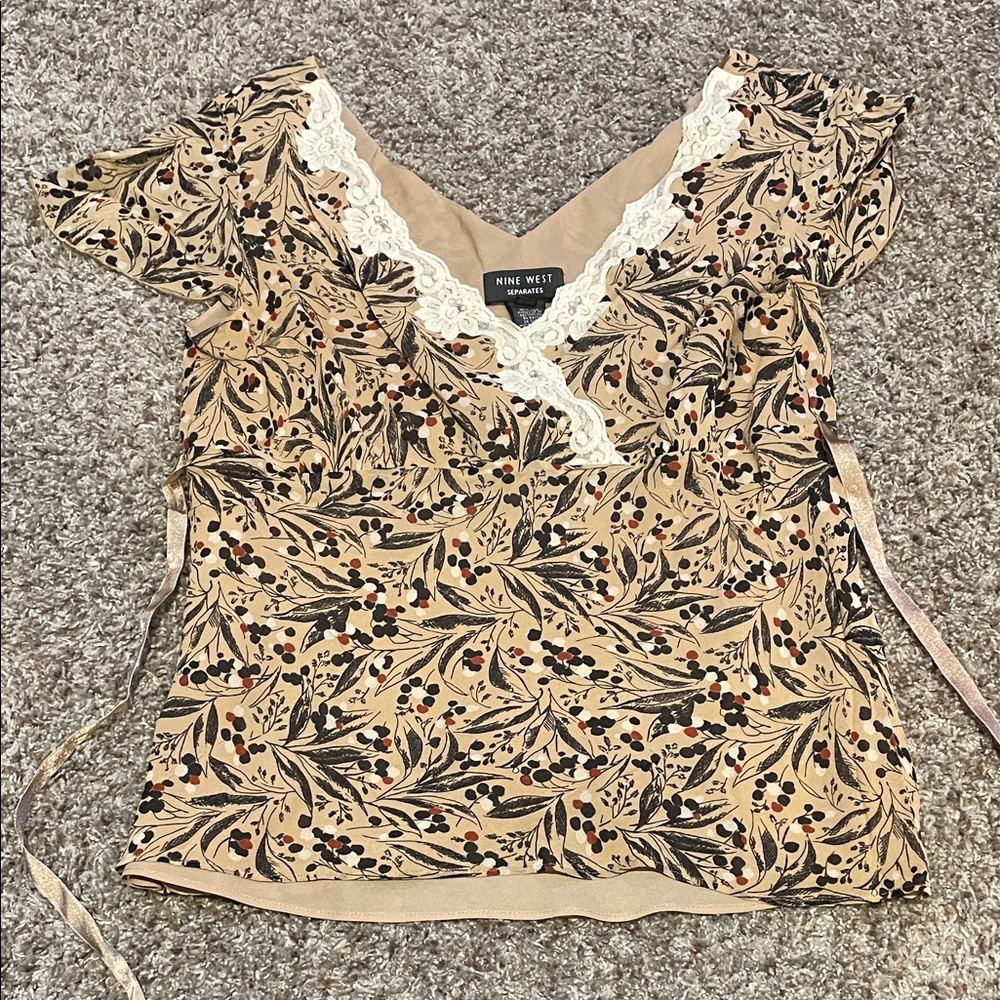 Nine West Beige Floral Lace Blouse